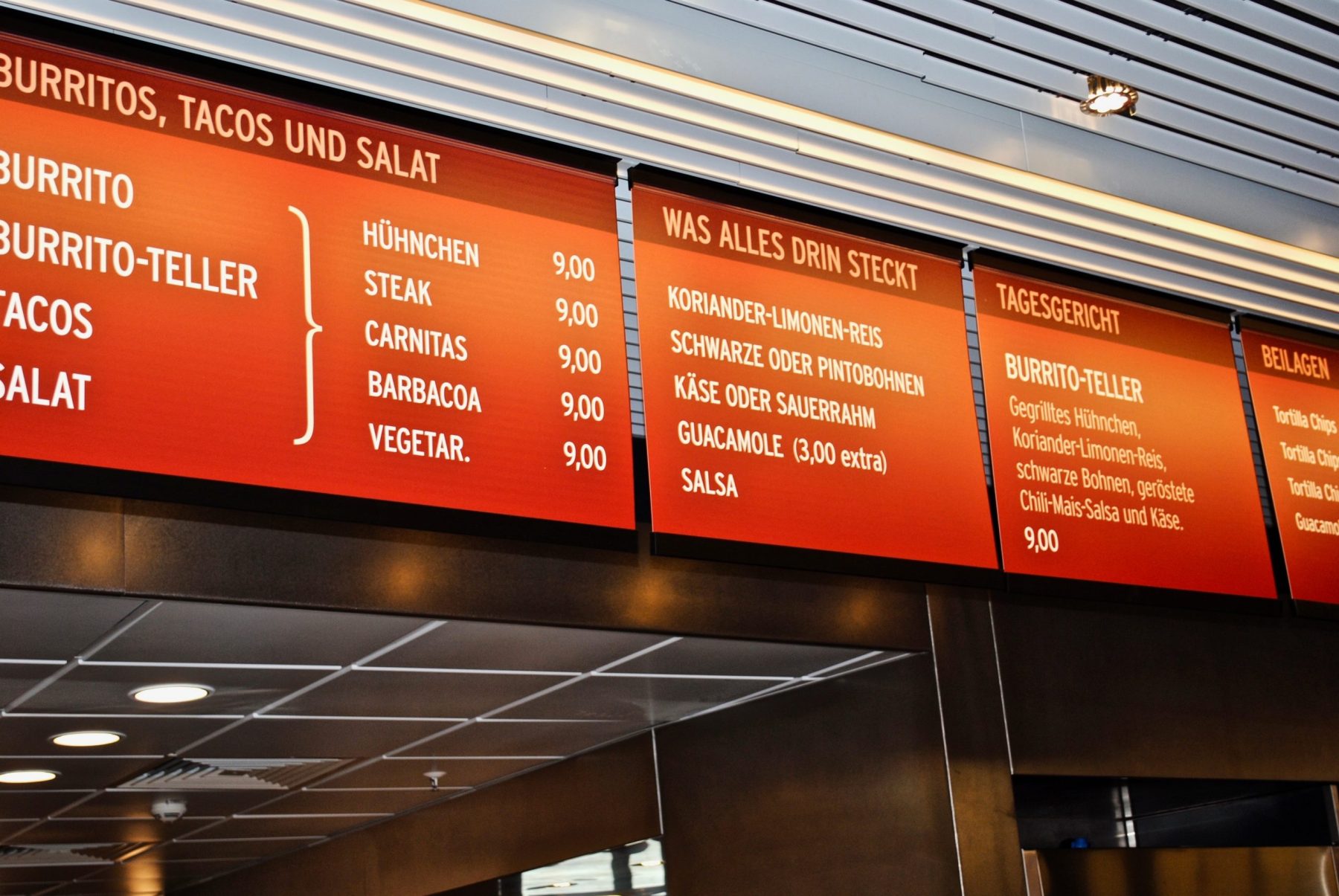 Restaurant sign, menu board showing Mexican food menu clear signs